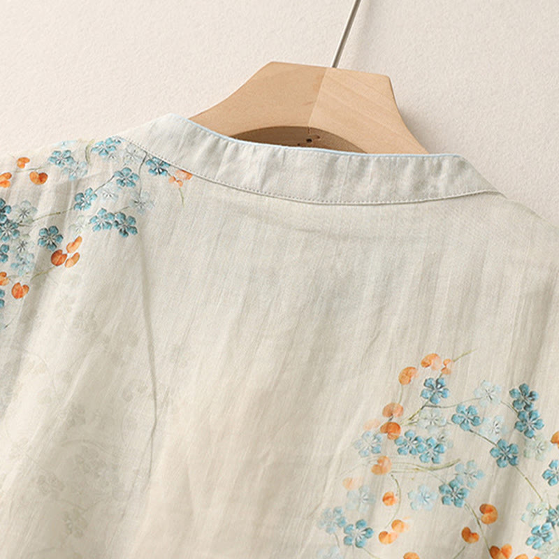 Chemise en coton et lin à manches trois-quarts et boutons de grenouille Buddha Stones, fleurs bleues et feuilles orange - image 4