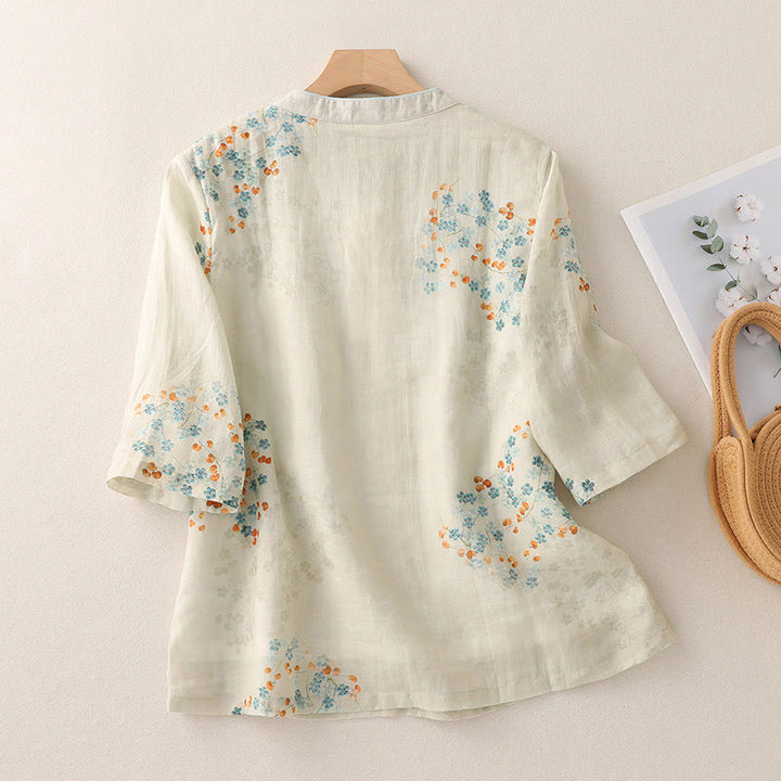 Chemise en coton et lin à manches trois-quarts et boutons de grenouille Buddha Stones, fleurs bleues et feuilles orange - image 2