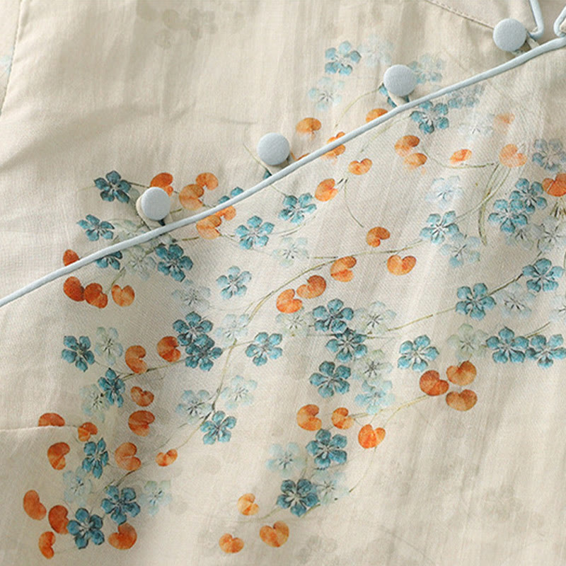 Chemise en coton et lin à manches trois-quarts et boutons de grenouille Buddha Stones, fleurs bleues et feuilles orange - image 6