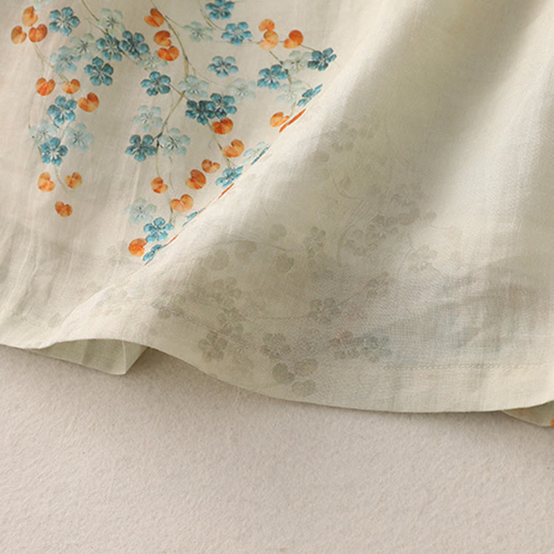 Chemise en coton et lin à manches trois-quarts et boutons de grenouille Buddha Stones, fleurs bleues et feuilles orange - image 8