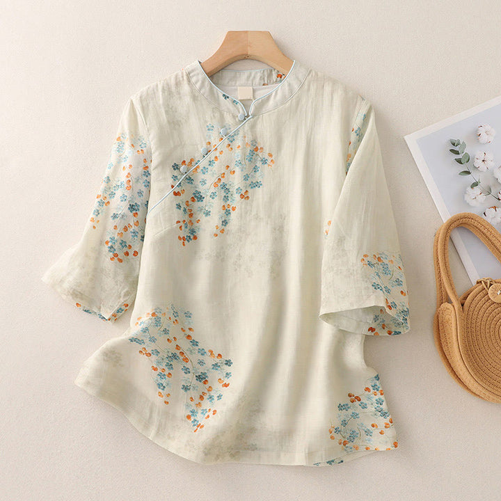 Chemise en coton et lin à manches trois-quarts et boutons de grenouille Buddha Stones, fleurs bleues et feuilles orange - US8-10，UK/AU12-14，EU40-42 (2XL) - image 1