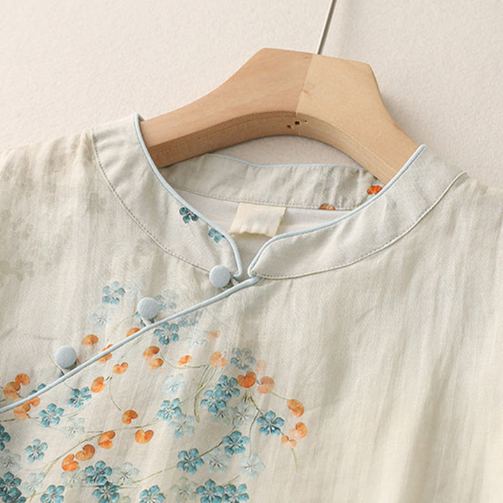 Chemise en coton et lin à manches trois-quarts et boutons de grenouille Buddha Stones, fleurs bleues et feuilles orange - image 3