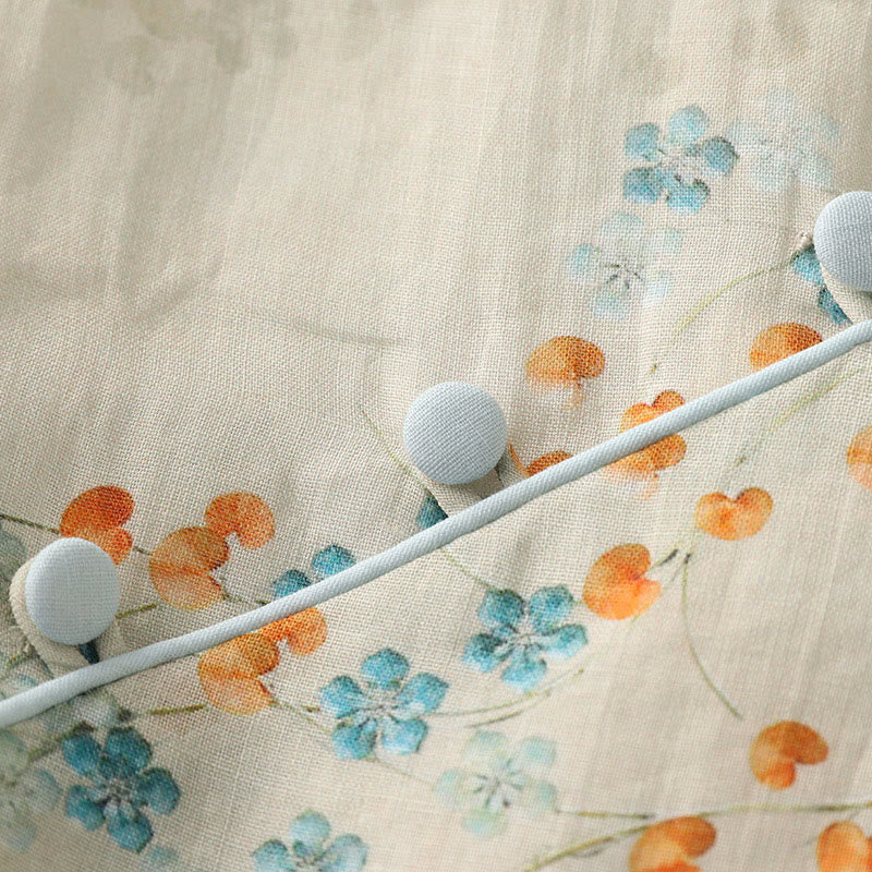 Chemise en coton et lin à manches trois-quarts et boutons de grenouille Buddha Stones, fleurs bleues et feuilles orange - image 7