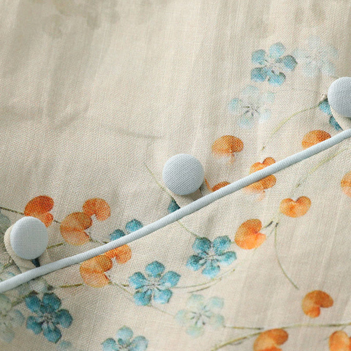 Chemise en coton et lin à manches trois-quarts et boutons de grenouille Buddha Stones, fleurs bleues et feuilles orange - image 7