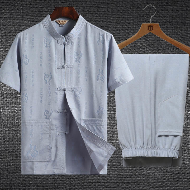 Ensemble 2 pièces chemise à manches courtes et pantalon pour homme avec personnage de dragon et feuille de bambou et boutons de Buddha Stones - Bleu clair - Personnage Fu - US/UK/AU46，EU56 (4XL) - image 0