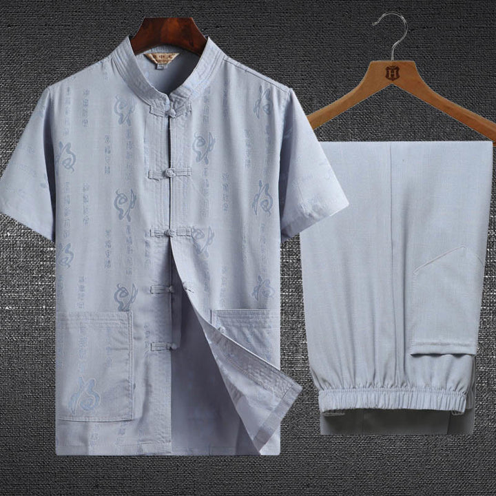 Ensemble 2 pièces chemise à manches courtes et pantalon pour homme avec personnage de dragon et feuille de bambou et boutons de Buddha Stones - Bleu clair - Personnage Fu - US/UK/AU46，EU56 (4XL) - image 0