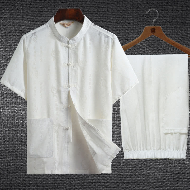 Ensemble 2 pièces chemise à manches courtes et pantalon pour homme avec personnage de dragon et feuille de bambou et boutons de Buddha Stones - Blanc - Personnage Fu - US/UK/AU46，EU56 (4XL) - image 2