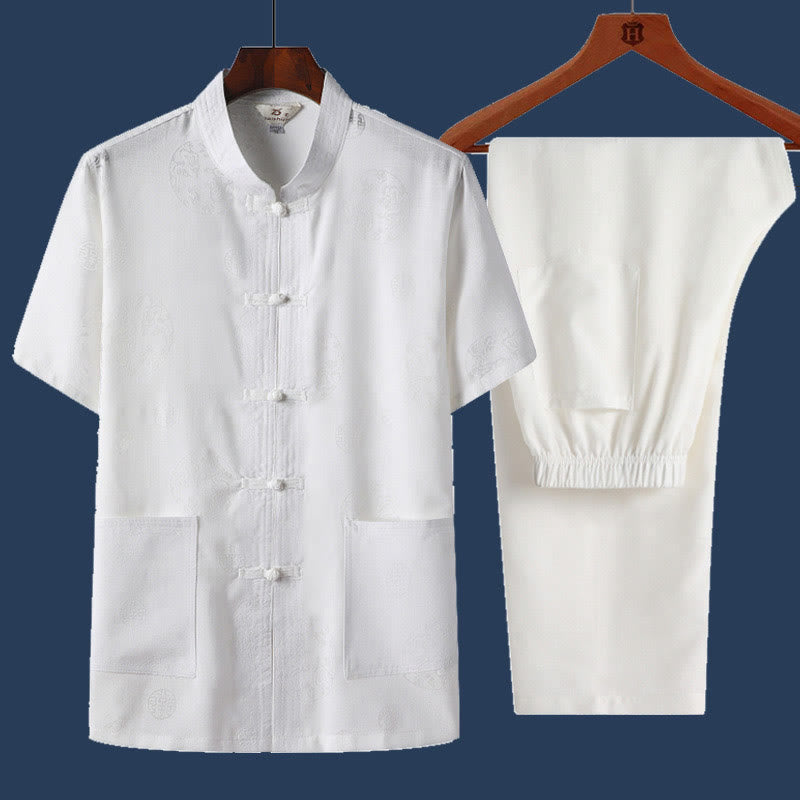 Ensemble 2 pièces chemise à manches courtes et pantalon pour homme avec personnage de dragon et feuille de bambou et boutons de Buddha Stones - Blanc - Dragon - US/UK/AU46，EU56 (4XL) - image 8