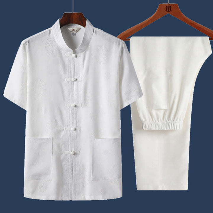 Ensemble 2 pièces chemise à manches courtes et pantalon pour homme avec personnage de dragon et feuille de bambou et boutons de Buddha Stones - Blanc - Dragon - US/UK/AU46，EU56 (4XL) - image 8