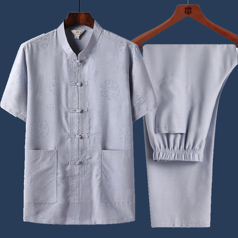 Ensemble 2 pièces chemise à manches courtes et pantalon pour homme avec personnage de dragon et feuille de bambou et boutons de Buddha Stones - Bleu clair - Dragon - US/UK/AU46，EU56 (4XL) - image 3