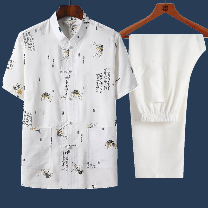 Ensemble 2 pièces chemise à manches courtes et pantalon pour homme avec personnage de dragon et feuille de bambou et boutons de Buddha Stones - Blanc - Feuille de bambou - US/UK/AU46，EU56 (4XL) - image 12