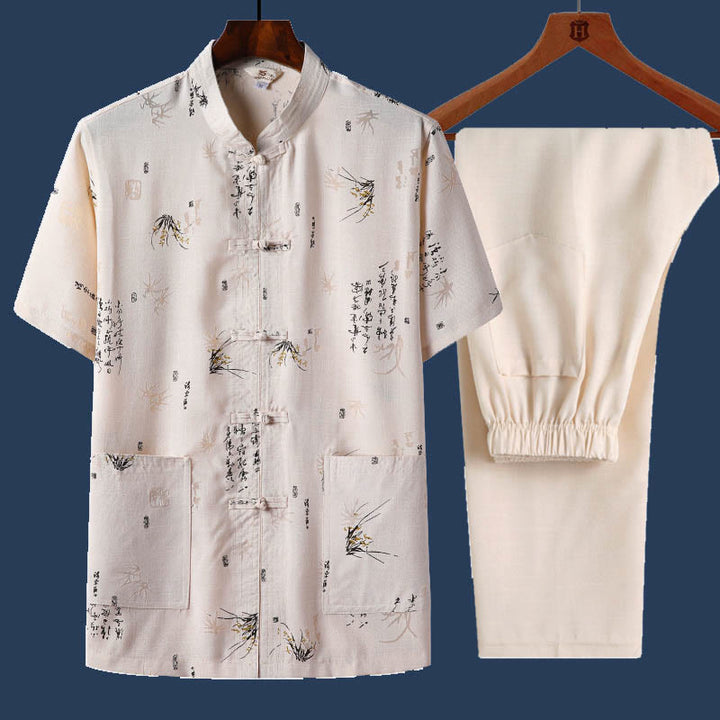 Ensemble 2 pièces chemise à manches courtes et pantalon pour homme avec personnage de dragon et feuille de bambou et boutons de Buddha Stones - Jaune clair - Feuille de bambou - US/UK/AU46，EU56 (4XL) - image 10