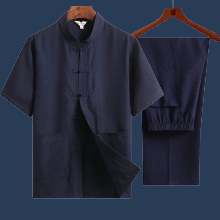 Ensemble 2 pièces chemise à manches courtes et pantalon pour homme avec personnage de dragon et feuille de bambou et boutons de Buddha Stones - SteelBlue - Couleur unie - US/UK/AU46，EU56 (4XL) - image 16