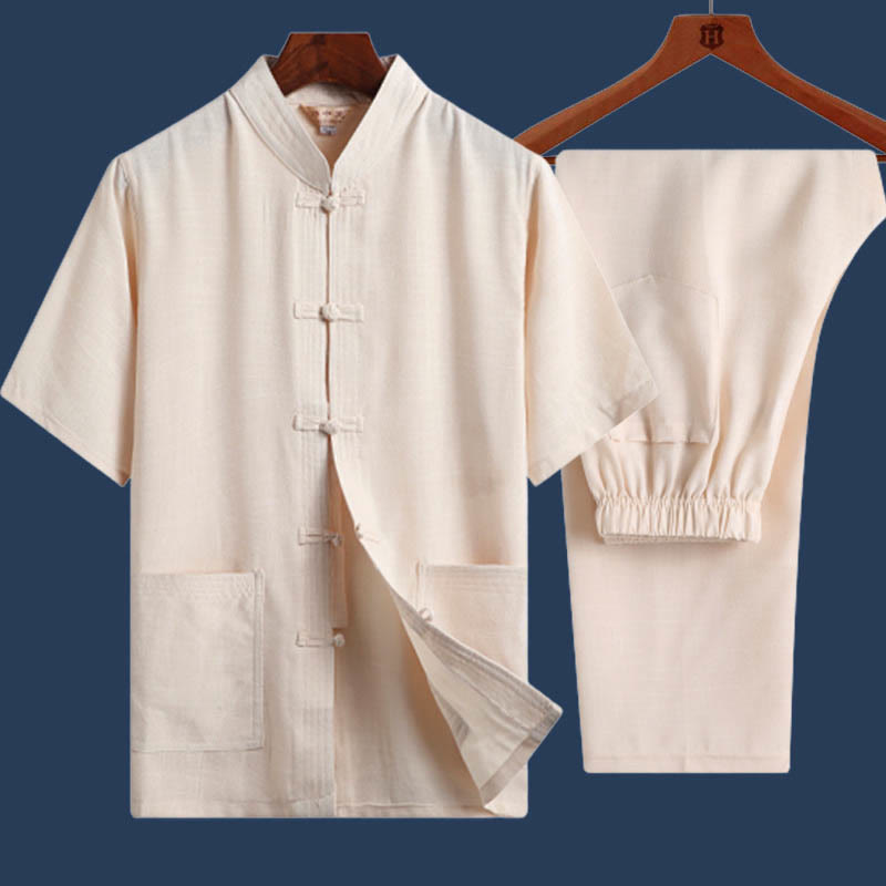 Ensemble 2 pièces chemise à manches courtes et pantalon pour homme avec personnage de dragon et feuille de bambou et boutons de Buddha Stones - Jaune clair - Couleur unie - US/UK/AU46，EU56 (4XL) - image 14