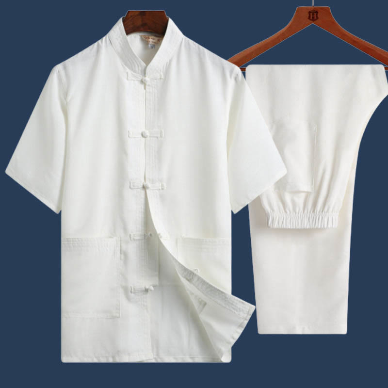 Ensemble 2 pièces chemise à manches courtes et pantalon pour homme avec personnage de dragon et feuille de bambou et boutons de Buddha Stones - Blanc - Couleur unie - US/UK/AU46，EU56 (4XL) - image 15