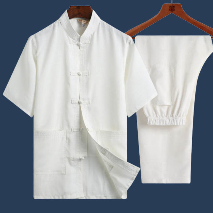 Ensemble 2 pièces chemise à manches courtes et pantalon pour homme avec personnage de dragon et feuille de bambou et boutons de Buddha Stones - Blanc - Couleur unie - US/UK/AU46，EU56 (4XL) - image 15