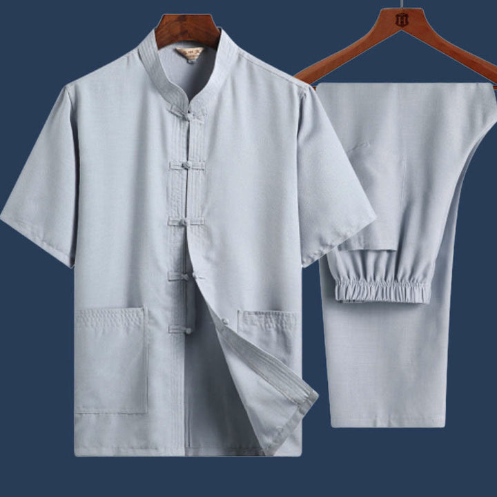 Ensemble 2 pièces chemise à manches courtes et pantalon pour homme avec personnage de dragon et feuille de bambou et boutons de Buddha Stones - Bleu clair - Couleur unie - US/UK/AU46，EU56 (4XL) - image 13