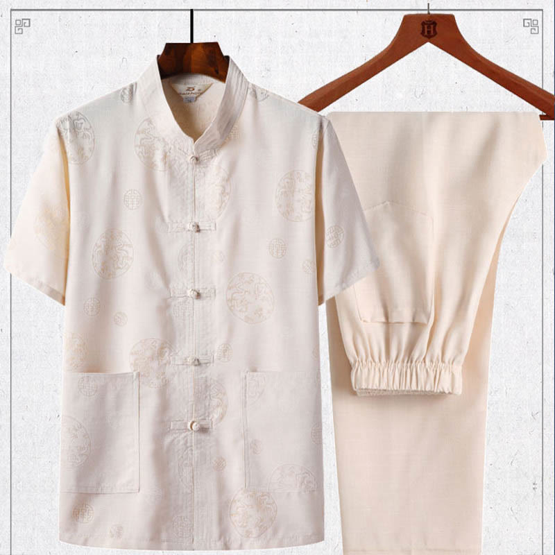 Ensemble 2 pièces chemise à manches courtes et pantalon pour homme avec personnage de dragon et feuille de bambou et boutons de Buddha Stones - Jaune clair - Dragon - US/UK/AU46，EU56 (4XL) - image 4