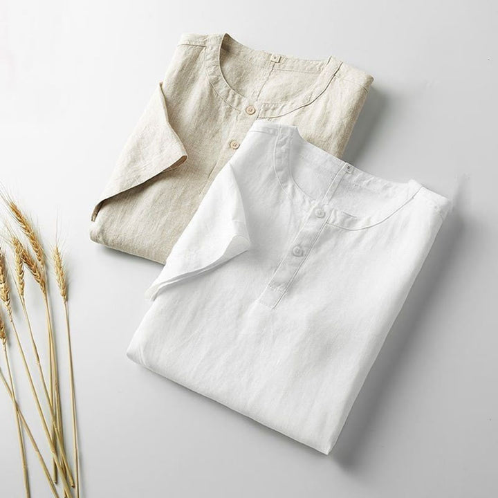 Chemise d'été en coton et lin à manches courtes et boutons de couleur unie pour hommes Buddha Stones - image 1