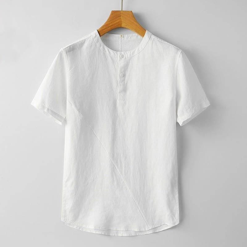Chemise d'été en coton et lin à manches courtes et boutons de couleur unie pour hommes Buddha Stones - Blanc - US/UK/AU48，EU58 (4XL) - image 6