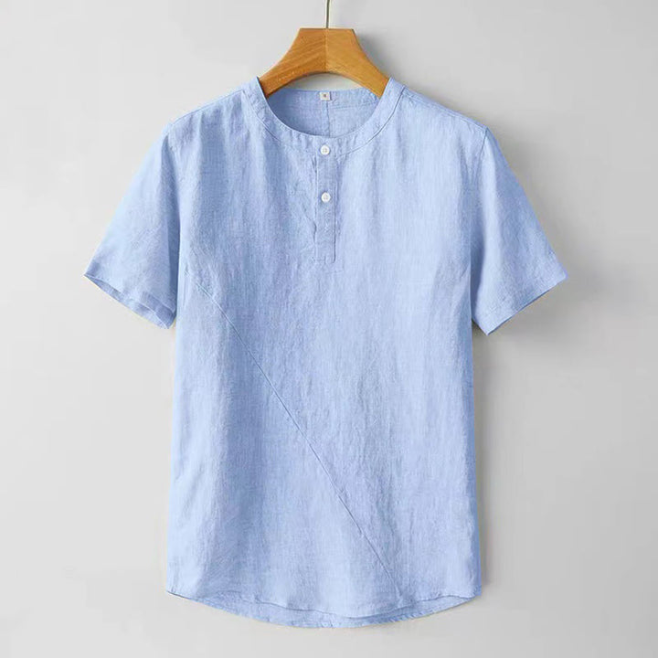 Chemise d'été en coton et lin à manches courtes et boutons de couleur unie pour hommes Buddha Stones - Bleu ciel clair - US/UK/AU48，EU58 (4XL) - image 10