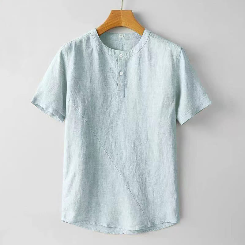 Chemise d'été en coton et lin à manches courtes et boutons de couleur unie pour hommes Buddha Stones - Bleu poudré - US/UK/AU48，EU58 (4XL) - image 10
