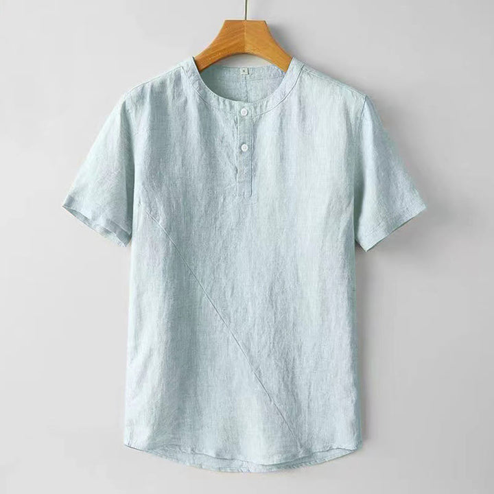 Chemise d'été en coton et lin à manches courtes et boutons de couleur unie pour hommes Buddha Stones - Bleu poudré - US/UK/AU48，EU58 (4XL) - image 10