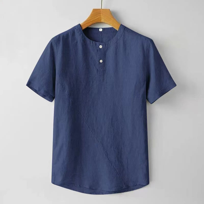 Chemise d'été en coton et lin à manches courtes et boutons de couleur unie pour hommes Buddha Stones - Bleu acier - US/UK/AU48，EU58 (4XL) - image 12