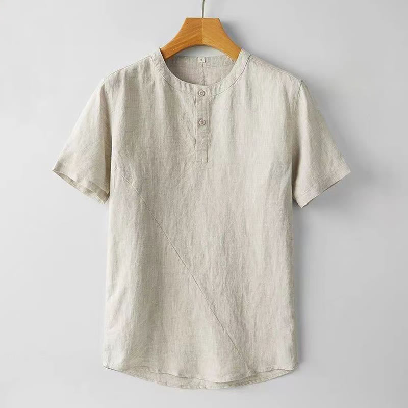 Chemise d'été en coton et lin à manches courtes et boutons de couleur unie pour hommes Buddha Stones - Lin - US/UK/AU48，EU58 (4XL) - image 0