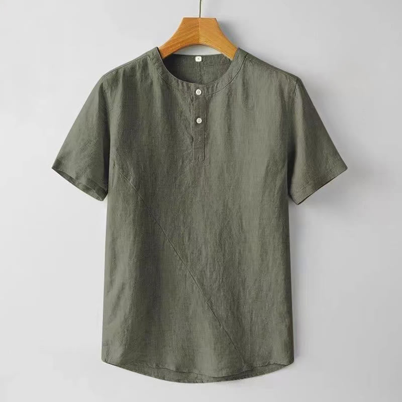 Chemise d'été en coton et lin à manches courtes et boutons de couleur unie pour hommes Buddha Stones - Vert foncé - US/UK/AU48，EU58 (4XL) - image 12