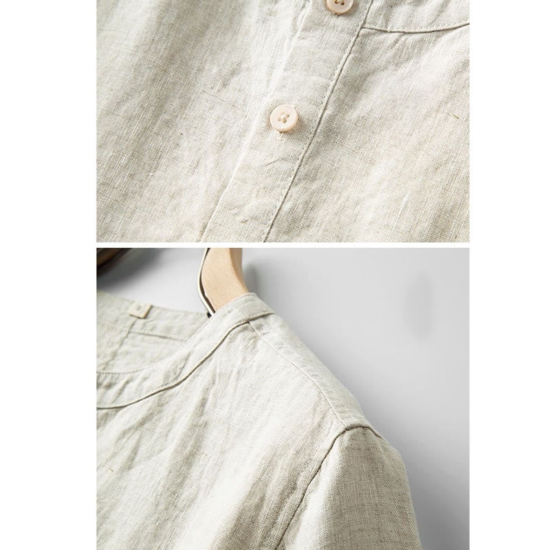 Chemise d'été en coton et lin à manches courtes et boutons de couleur unie pour hommes Buddha Stones - image 3