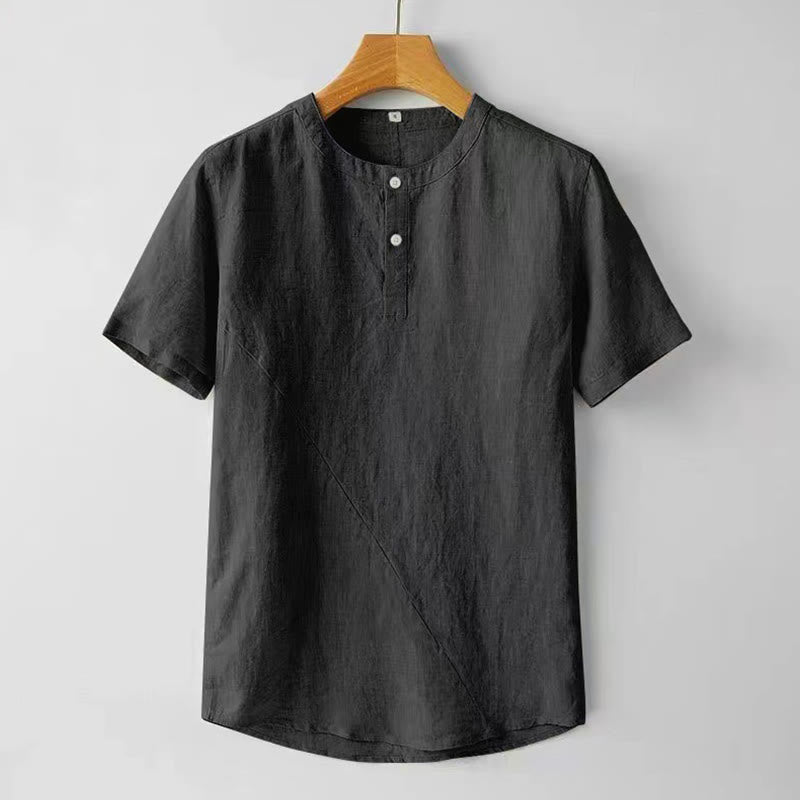 Chemise d'été en coton et lin à manches courtes et boutons de couleur unie pour hommes Buddha Stones - Noir - US/UK/AU48，EU58 (4XL) - image 6