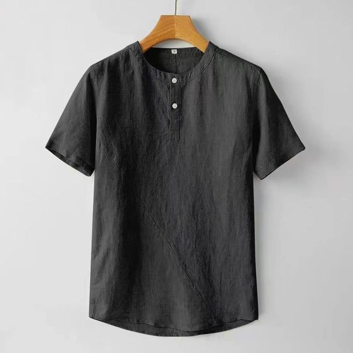 Chemise d'été en coton et lin à manches courtes et boutons de couleur unie pour hommes Buddha Stones - Noir - US/UK/AU48，EU58 (4XL) - image 6