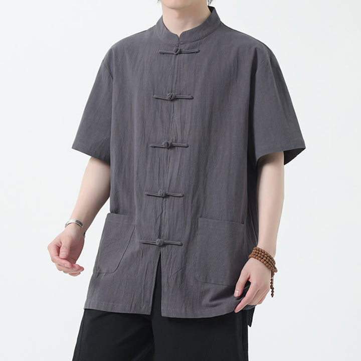 Chemise à manches courtes en lin pour homme avec poches et boutons en forme de grenouille et Buddha Stones - Gris - US/UK/AU46，EU56 (5XL) - image 13