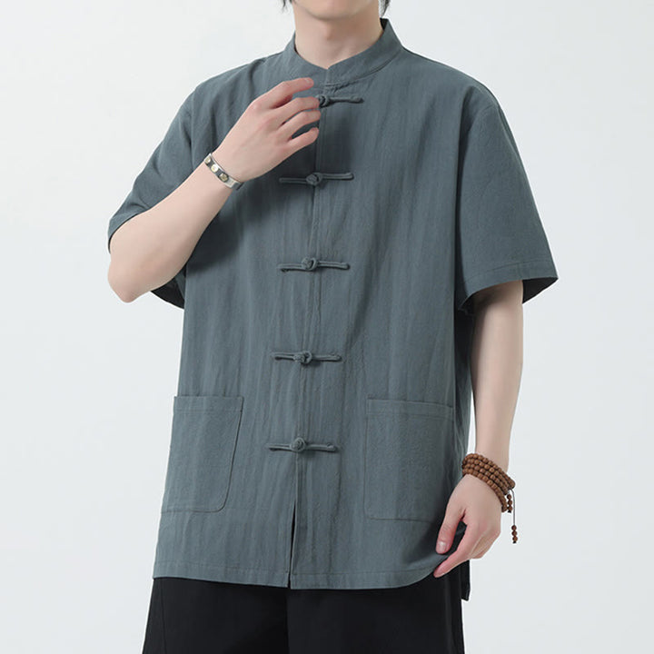 Chemise à manches courtes en lin pour homme avec poches et boutons en forme de grenouille et Buddha Stones - Gris ardoise clair - US/UK/AU46，EU56 (5XL) - image 8