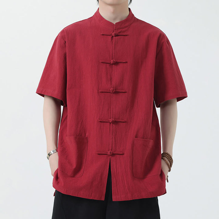 Chemise à manches courtes en lin pour homme avec poches et boutons en forme de grenouille et Buddha Stones - Rouge - US/UK/AU46，EU56 (5XL) - image 1