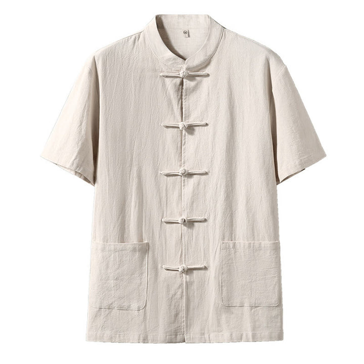 Chemise à manches courtes en lin pour homme avec poches et boutons en forme de grenouille et Buddha Stones - Lin - US/UK/AU46，EU56 (5XL) - image 7