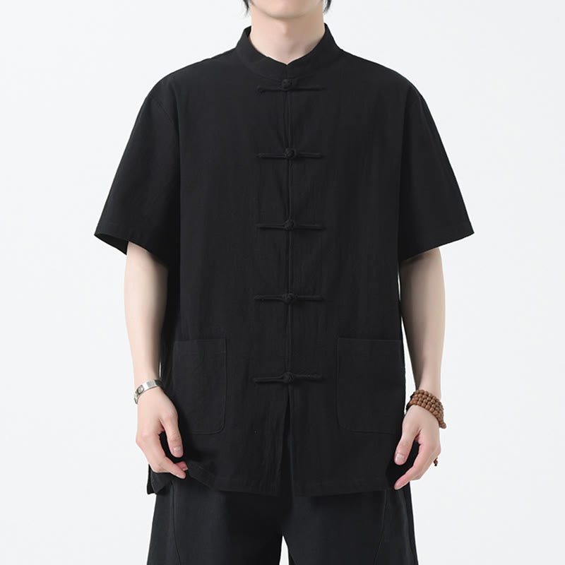 Chemise à manches courtes en lin pour homme avec poches et boutons en forme de grenouille et Buddha Stones - Noir - US/UK/AU46，EU56 (5XL) - image 3