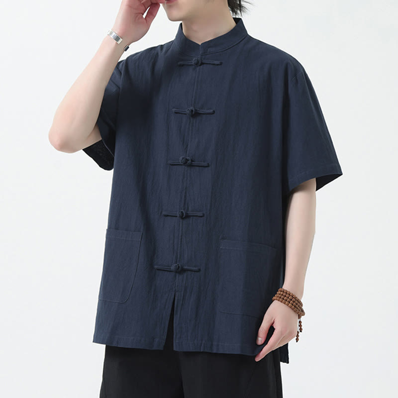 Chemise à manches courtes en lin pour homme avec poches et boutons en forme de grenouille et Buddha Stones - Bleu acier - US/UK/AU46，EU56 (5XL) - image 11