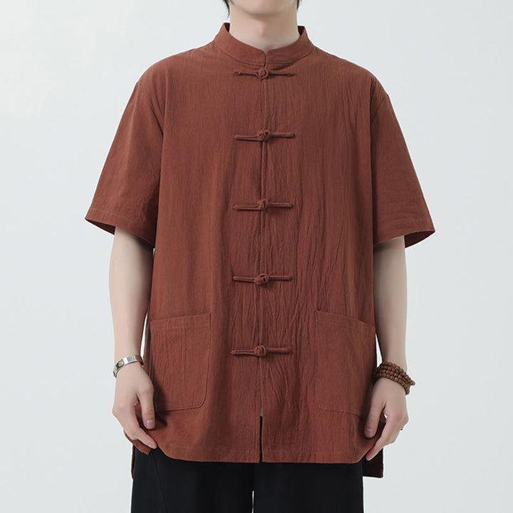 Chemise à manches courtes en lin pour homme avec poches et boutons en forme de grenouille et Buddha Stones - Pérou - US/UK/AU46，EU56 (5XL) - image 10