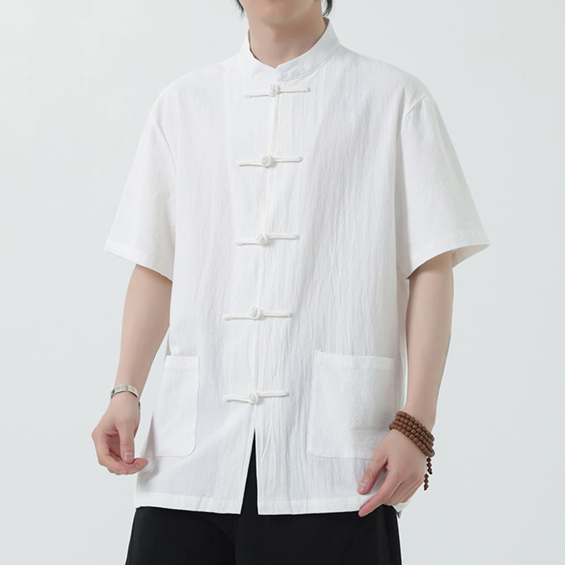Chemise à manches courtes en lin pour homme avec poches et boutons en forme de grenouille et Buddha Stones - Blanc - US/UK/AU46，EU56 (5XL) - image 0