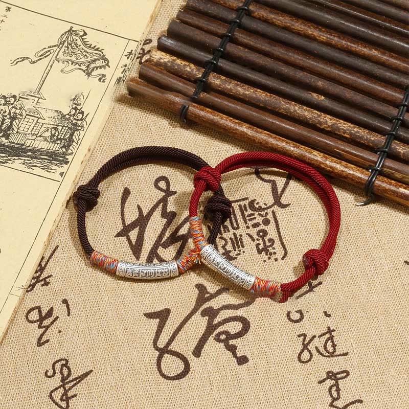 Bracelet en corde de protection Om Mani Padme Hum en argent sterling 999 fait main avec Buddha Stones