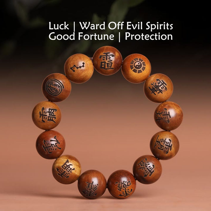 Bracelet de protection gravé en bois de jujubier avec Buddha Stones et foudre, Yin Yang, Bagua, caractères tabous taoïstes