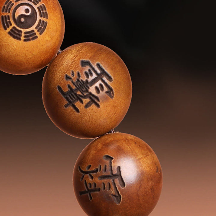 Bracelet de protection gravé en bois de jujubier avec Buddha Stones et foudre, Yin Yang, Bagua, caractères tabous taoïstes