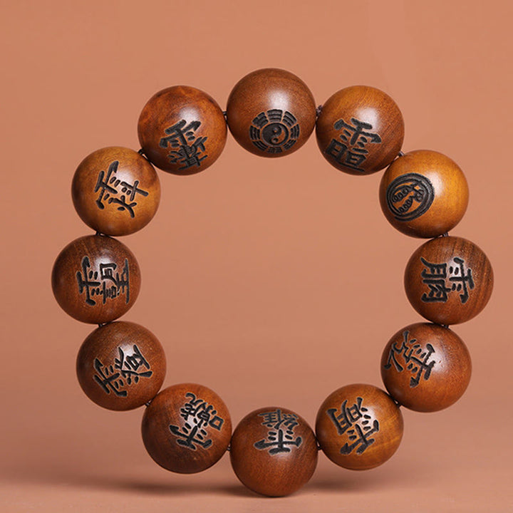 Bracelet de protection gravé en bois de jujubier avec Buddha Stones et foudre, Yin Yang, Bagua, caractères tabous taoïstes