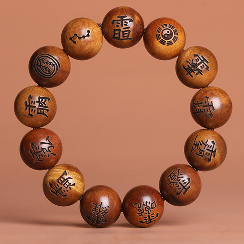 Bracelet de protection gravé en bois de jujubier avec Buddha Stones et foudre, Yin Yang, Bagua, caractères tabous taoïstes - 18 mm (Tour de poignet 18-20 cm) - image 3