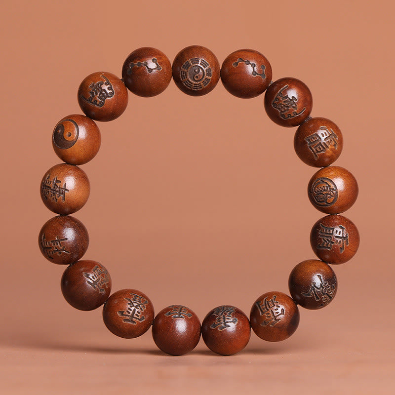 Bracelet de protection gravé en bois de jujubier avec Buddha Stones et foudre, Yin Yang, Bagua, caractères tabous taoïstes - 12 mm (Tour de poignet 15-17 cm) - image 1