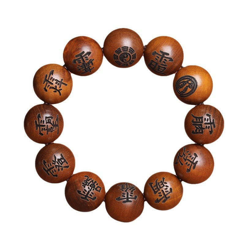 Bracelet de protection gravé en bois de jujubier avec Buddha Stones et foudre, Yin Yang, Bagua, caractères tabous taoïstes
