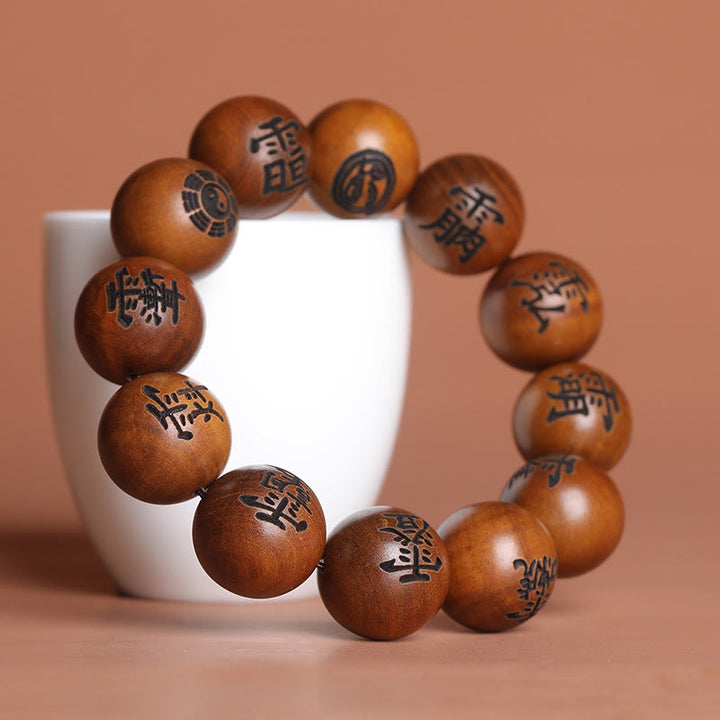 Bracelet de protection gravé en bois de jujubier avec Buddha Stones et foudre, Yin Yang, Bagua, caractères tabous taoïstes