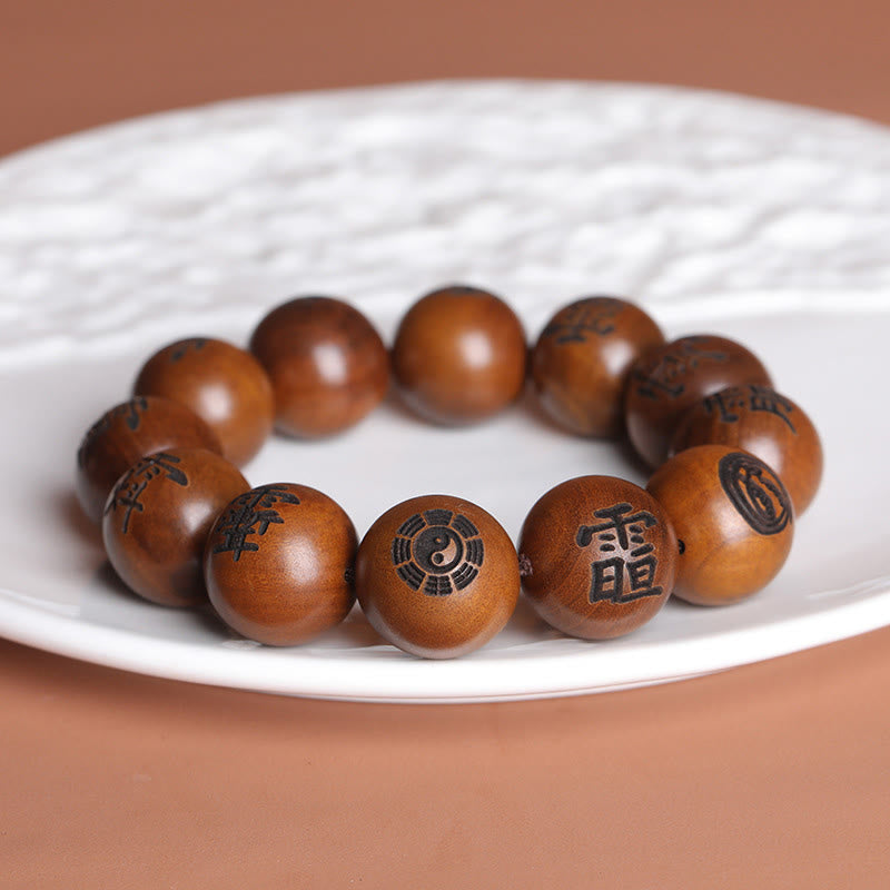 Bracelet de protection gravé en bois de jujubier avec Buddha Stones et foudre, Yin Yang, Bagua, caractères tabous taoïstes